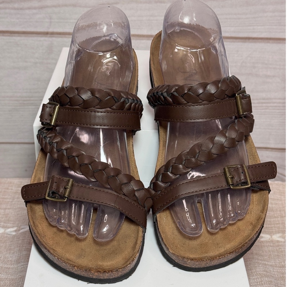Natural Reflections Braided Strap Sandals Brown Faux Leather Slides Women 9